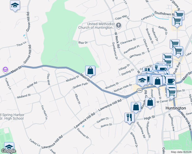 map of restaurants, bars, coffee shops, grocery stores, and more near 22 Summit Street in Huntington