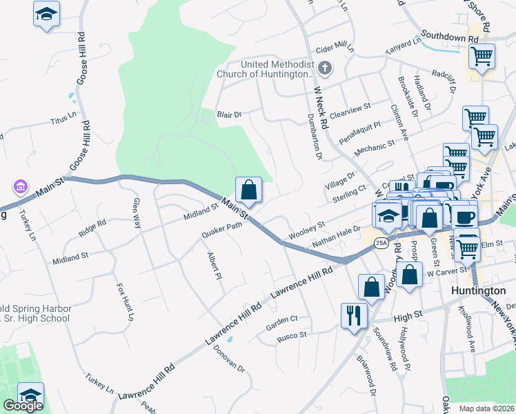map of restaurants, bars, coffee shops, grocery stores, and more near 475 Main Street in Huntington