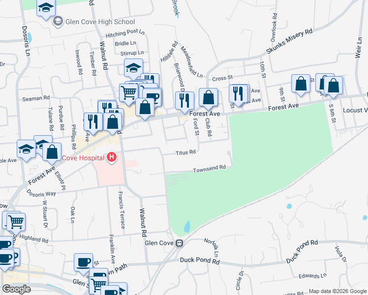 map of restaurants, bars, coffee shops, grocery stores, and more near 29 Titus Road in Glen Cove