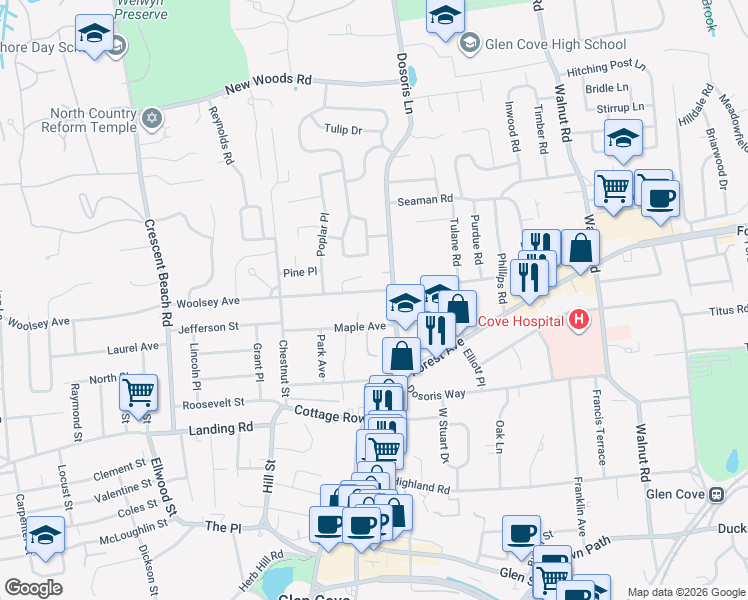 map of restaurants, bars, coffee shops, grocery stores, and more near 35 Dosoris Lane in Glen Cove