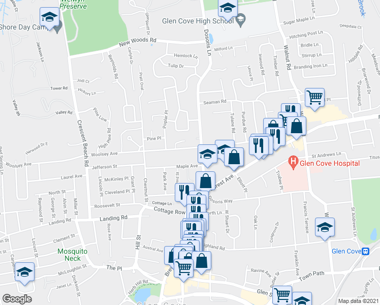 map of restaurants, bars, coffee shops, grocery stores, and more near 19 Woolsey Avenue in Glen Cove