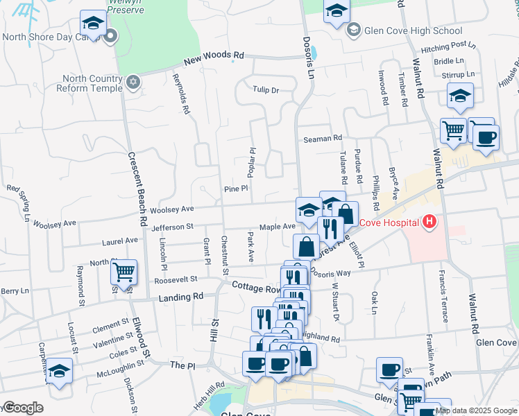map of restaurants, bars, coffee shops, grocery stores, and more near 33 Woolsey Avenue in Glen Cove