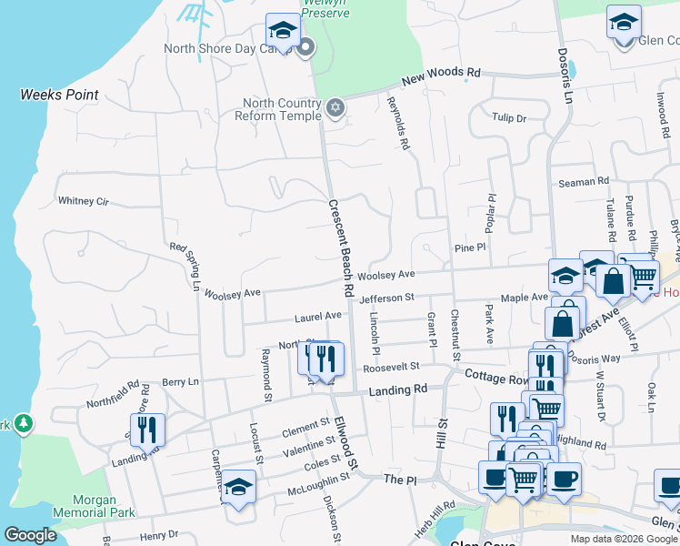 map of restaurants, bars, coffee shops, grocery stores, and more near 114 Woolsey Avenue in Glen Cove