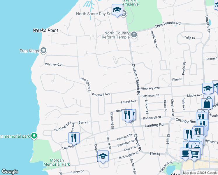 map of restaurants, bars, coffee shops, grocery stores, and more near 50 Harwood Drive East in Glen Cove