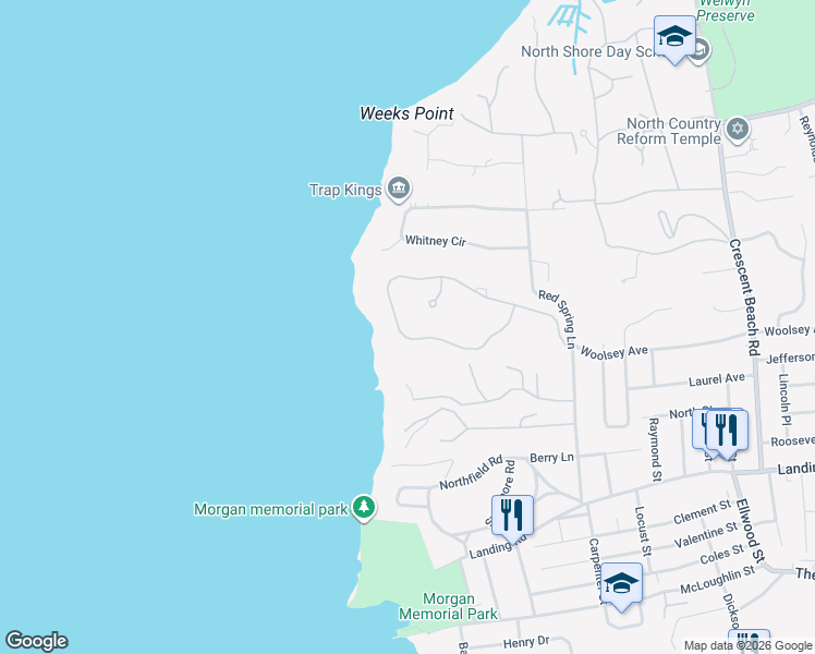 map of restaurants, bars, coffee shops, grocery stores, and more near 7 Delamar Court in Glen Cove