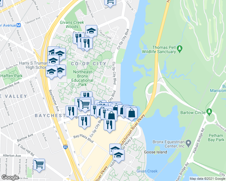 map of restaurants, bars, coffee shops, grocery stores, and more near 98 Co Op City Boulevard in Bronx