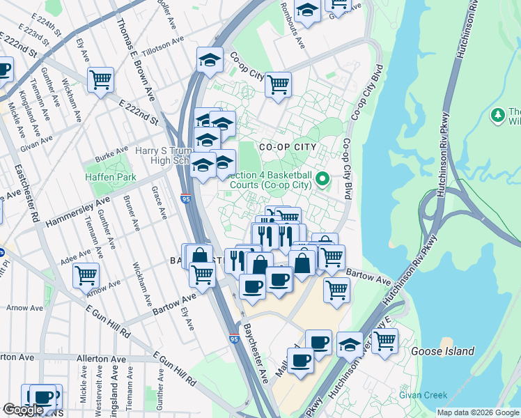 map of restaurants, bars, coffee shops, grocery stores, and more near 100-14098 Alcott Place in Bronx