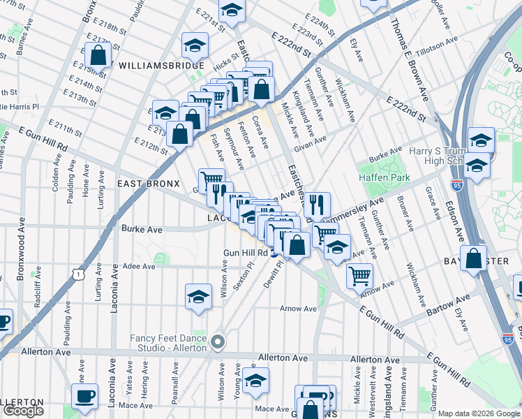 map of restaurants, bars, coffee shops, grocery stores, and more near 3152 Seymour Avenue in The Bronx