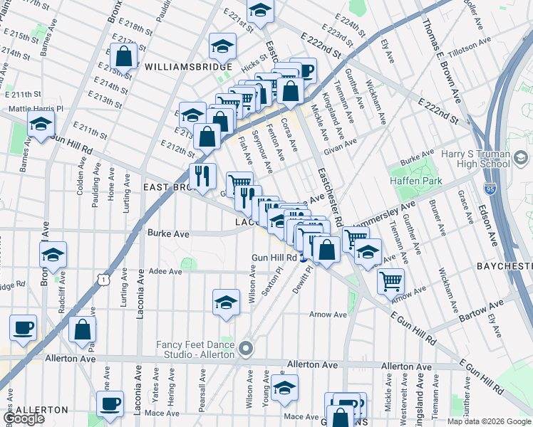 map of restaurants, bars, coffee shops, grocery stores, and more near 1301 East Gun Hill Road in The Bronx
