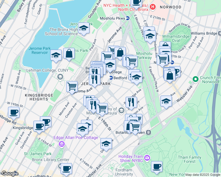 map of restaurants, bars, coffee shops, grocery stores, and more near in The Bronx