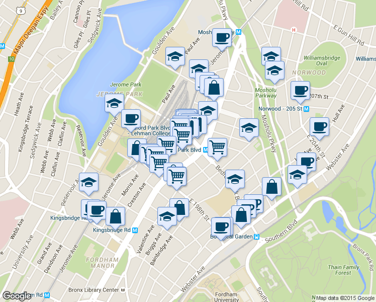 map of restaurants, bars, coffee shops, grocery stores, and more near in The Bronx