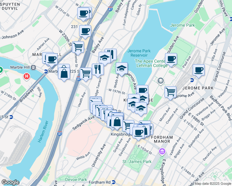 map of restaurants, bars, coffee shops, grocery stores, and more near 2807 Claflin Avenue in Bronx