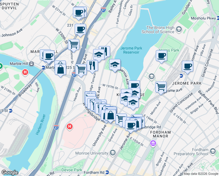 map of restaurants, bars, coffee shops, grocery stores, and more near 2807 Claflin Avenue in Bronx