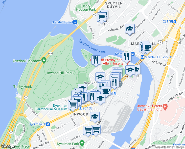 map of restaurants, bars, coffee shops, grocery stores, and more near 254 Seaman Avenue in New York