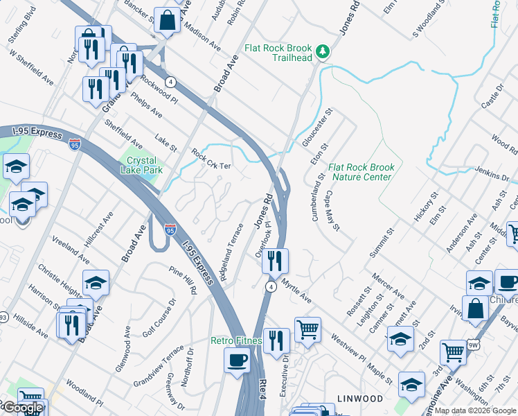 map of restaurants, bars, coffee shops, grocery stores, and more near 540 Jones Road in Englewood