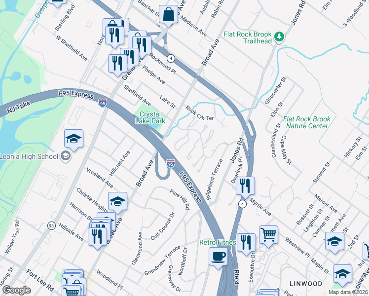 map of restaurants, bars, coffee shops, grocery stores, and more near 33 Regency Circle in Englewood
