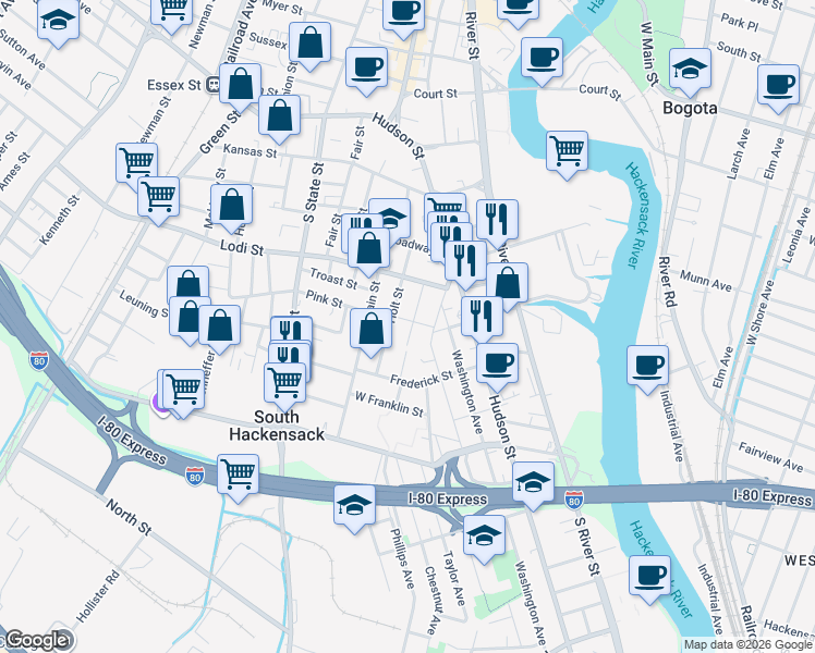 map of restaurants, bars, coffee shops, grocery stores, and more near 167 Bonhomme Street in Hackensack