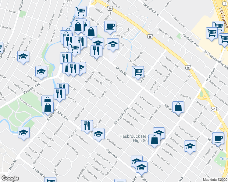 map of restaurants, bars, coffee shops, grocery stores, and more near 135 Paterson Avenue in Lodi