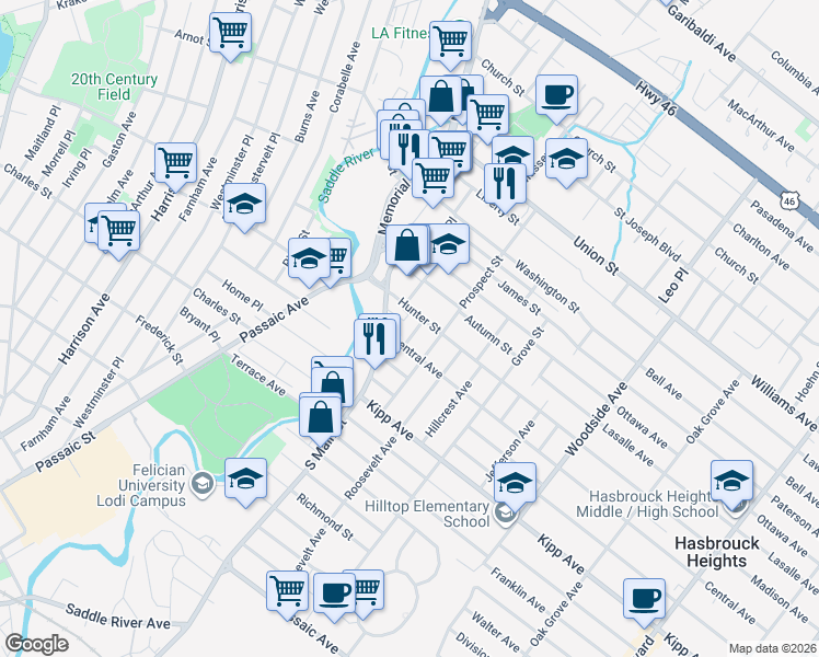 map of restaurants, bars, coffee shops, grocery stores, and more near 10 Lafayette Place in Lodi