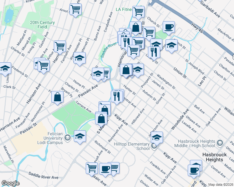 map of restaurants, bars, coffee shops, grocery stores, and more near 44 South Main Street in Lodi