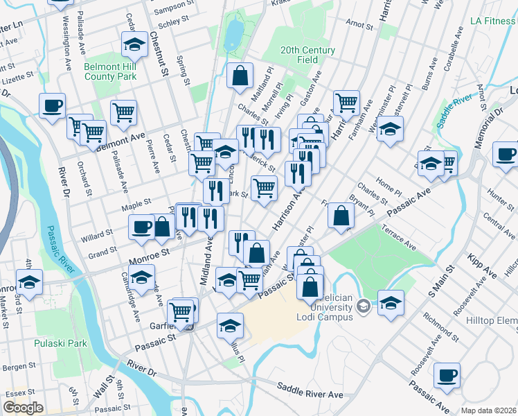 map of restaurants, bars, coffee shops, grocery stores, and more near 32 Malcolm Avenue in Garfield