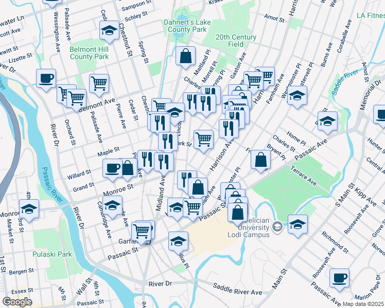 map of restaurants, bars, coffee shops, grocery stores, and more near 32 Malcolm Avenue in Garfield
