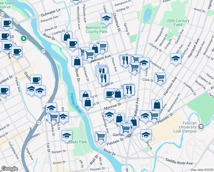 map of restaurants, bars, coffee shops, grocery stores, and more near 226 Palisade Avenue in Garfield