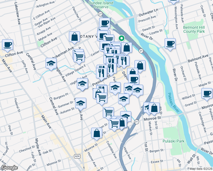 map of restaurants, bars, coffee shops, grocery stores, and more near 43 Van Winkle Avenue in Passaic