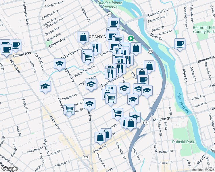 map of restaurants, bars, coffee shops, grocery stores, and more near 185 President Street in Passaic