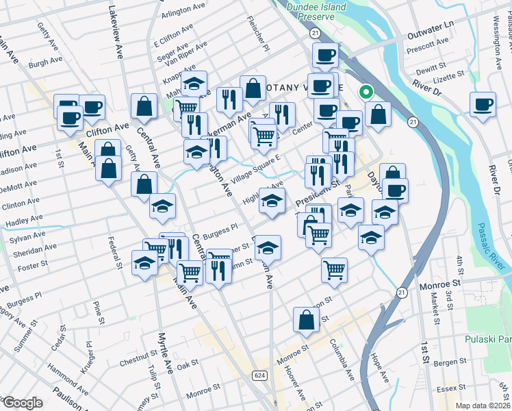 map of restaurants, bars, coffee shops, grocery stores, and more near 207 Highland Avenue in Passaic