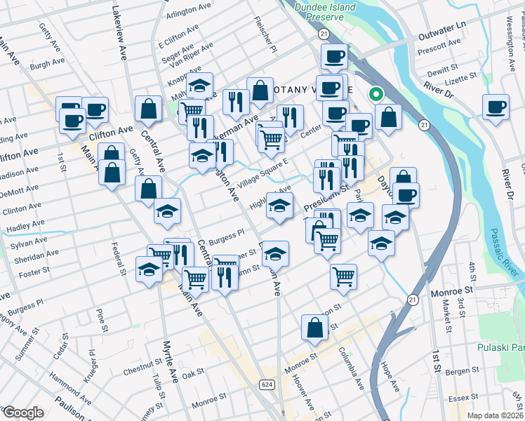 map of restaurants, bars, coffee shops, grocery stores, and more near 207 Highland Avenue in Passaic