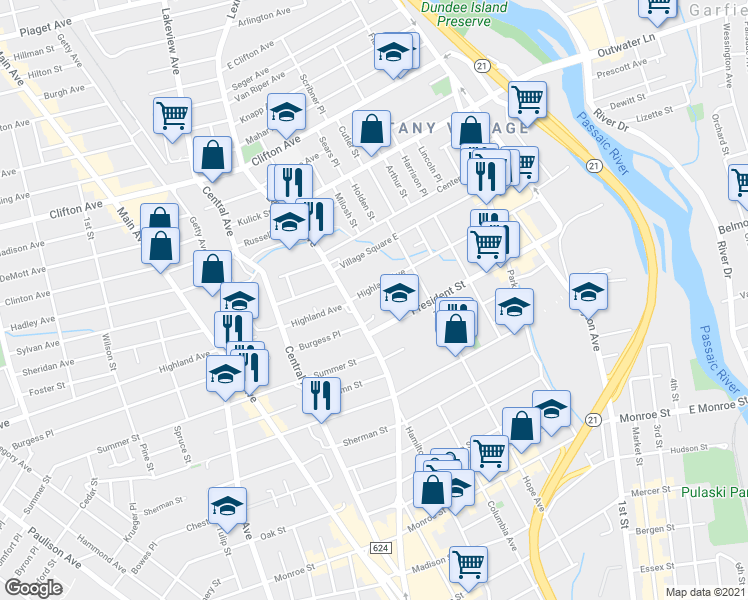 map of restaurants, bars, coffee shops, grocery stores, and more near 207 Highland Avenue in Passaic