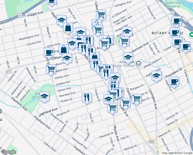 map of restaurants, bars, coffee shops, grocery stores, and more near 45 Hadley Avenue in Clifton