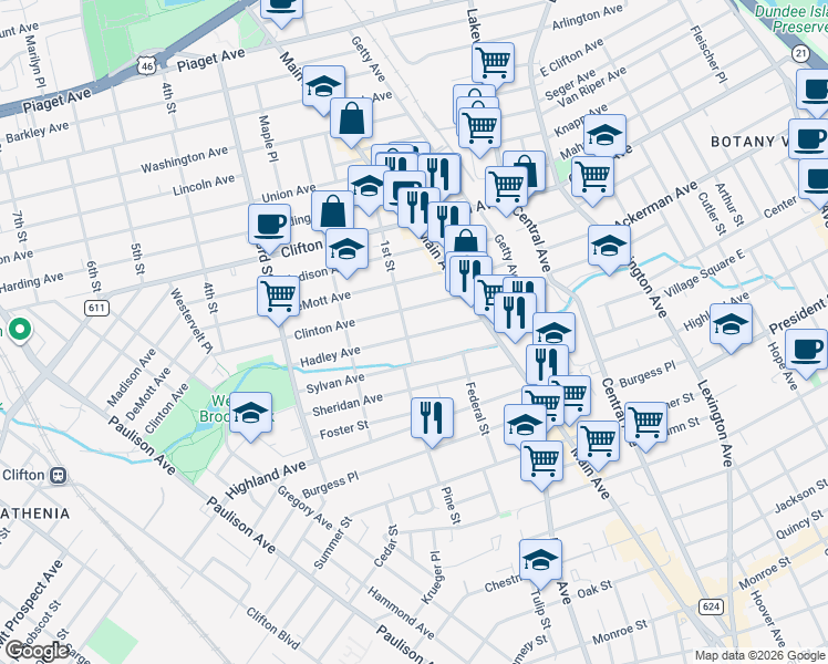 map of restaurants, bars, coffee shops, grocery stores, and more near 81 Hadley Avenue in Clifton