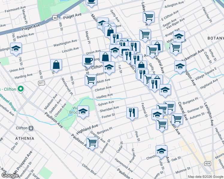 map of restaurants, bars, coffee shops, grocery stores, and more near 94 2nd Street in Clifton