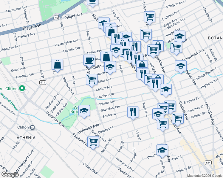 map of restaurants, bars, coffee shops, grocery stores, and more near 94 2nd Street in Clifton