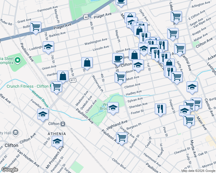 map of restaurants, bars, coffee shops, grocery stores, and more near 185 DeMott Avenue in Clifton