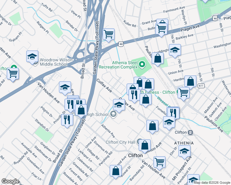 map of restaurants, bars, coffee shops, grocery stores, and more near 365 Colfax Avenue in Clifton