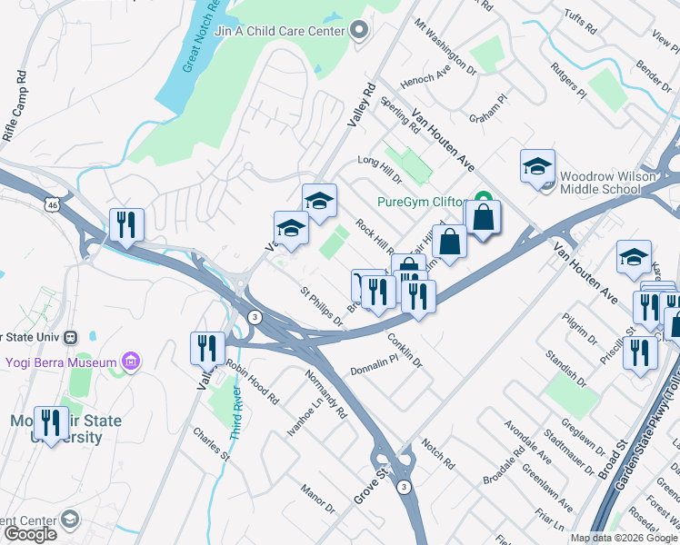 map of restaurants, bars, coffee shops, grocery stores, and more near 18 Spring Hill Road in Clifton