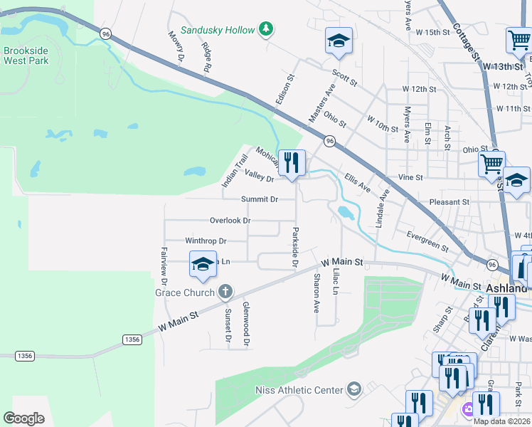 map of restaurants, bars, coffee shops, grocery stores, and more near 928 Winthrop Lane in Ashland