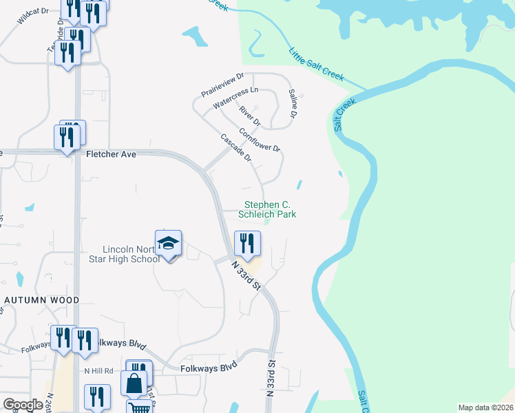 map of restaurants, bars, coffee shops, grocery stores, and more near 6201 North 34th Street in Lincoln