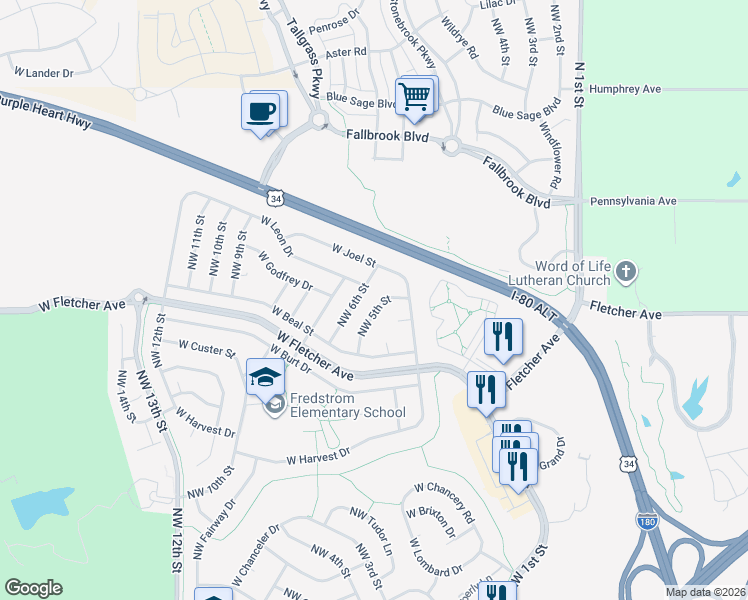 map of restaurants, bars, coffee shops, grocery stores, and more near 6207 Northwest 5th Street in Lincoln