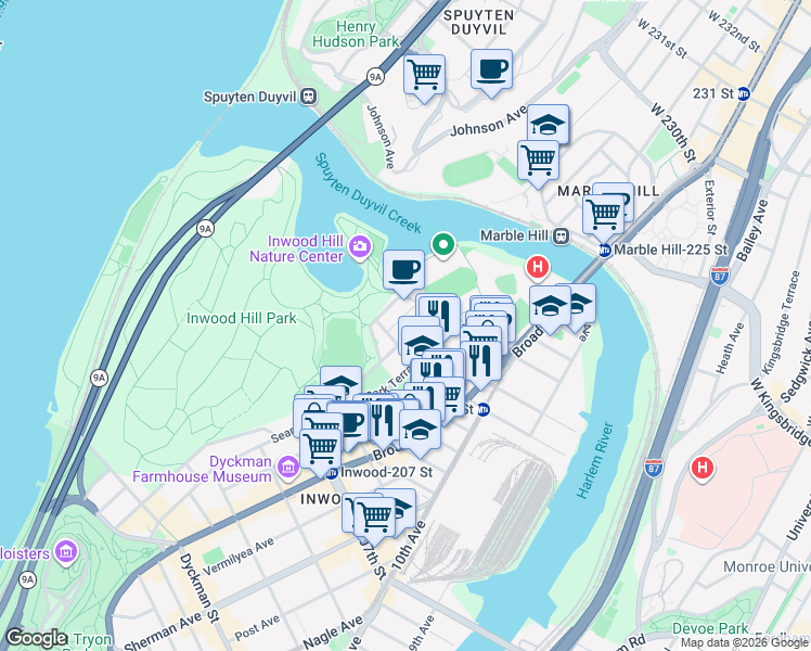 map of restaurants, bars, coffee shops, grocery stores, and more near 254 Seaman Avenue in New York
