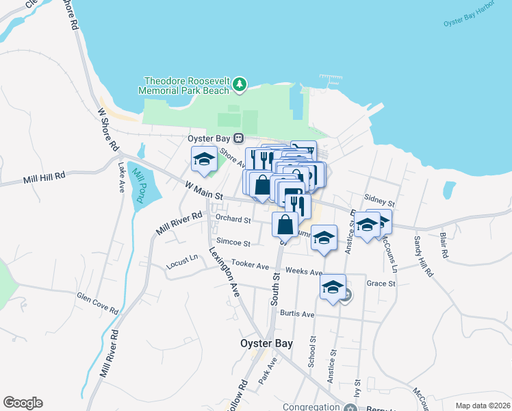 map of restaurants, bars, coffee shops, grocery stores, and more near 53 Spring Street in Oyster Bay