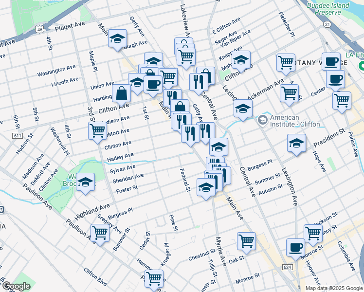 map of restaurants, bars, coffee shops, grocery stores, and more near 45 Hadley Avenue in Clifton