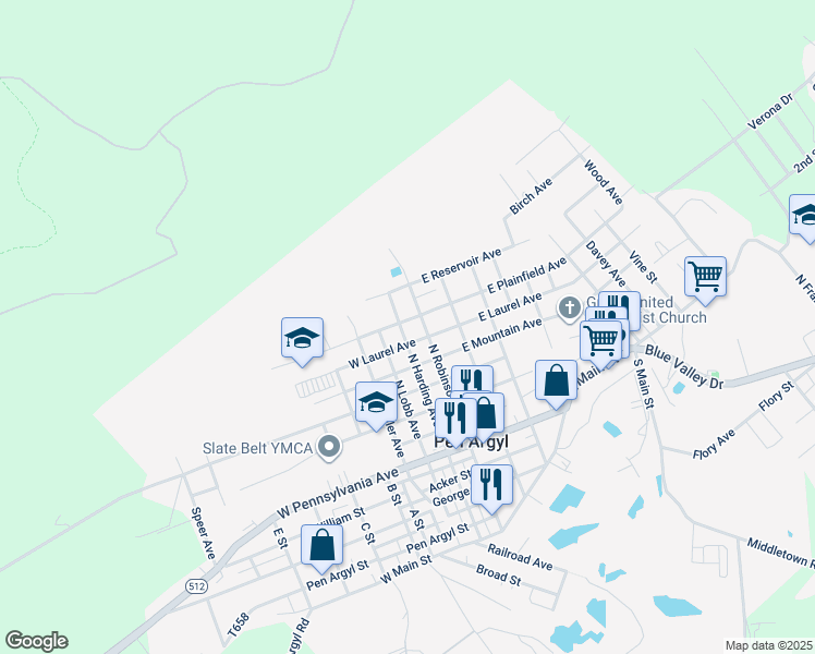 map of restaurants, bars, coffee shops, grocery stores, and more near 8 West Plainfield Avenue in Pen Argyl