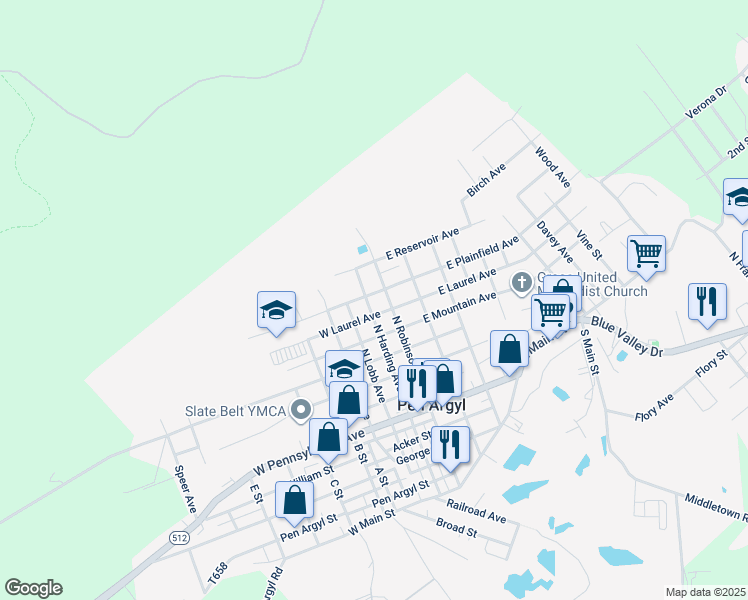 map of restaurants, bars, coffee shops, grocery stores, and more near 8 West Plainfield Avenue in Pen Argyl