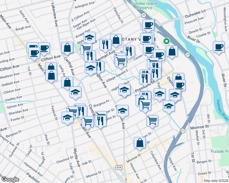 map of restaurants, bars, coffee shops, grocery stores, and more near 207 Highland Avenue in Passaic