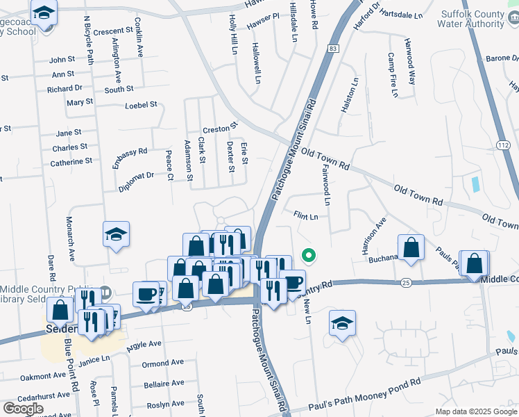 map of restaurants, bars, coffee shops, grocery stores, and more near 21 Folsom Lane in Coram