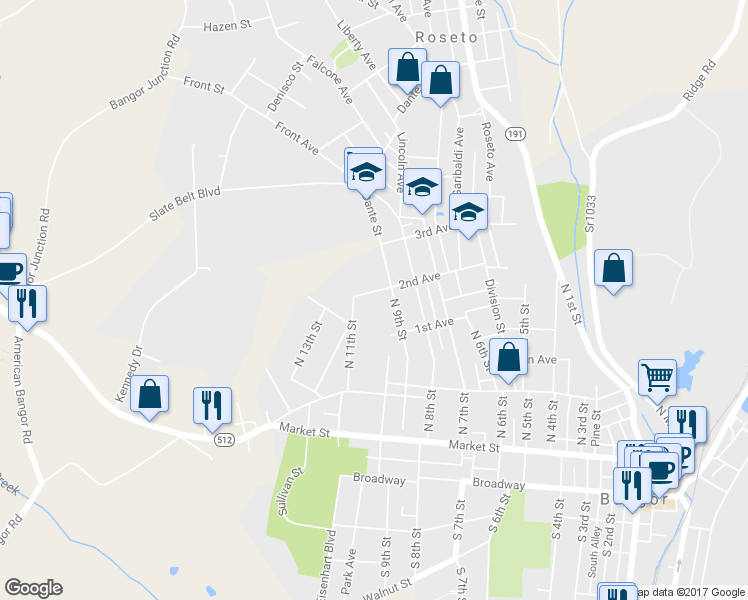 map of restaurants, bars, coffee shops, grocery stores, and more near 908 2nd Avenue in Bangor
